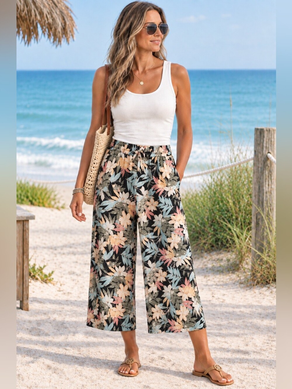 Volcom Hi Tide Wide Leg Crop Beach Pants Viscose Elastic Waist Tropical M NWT - Picture 2 of 13